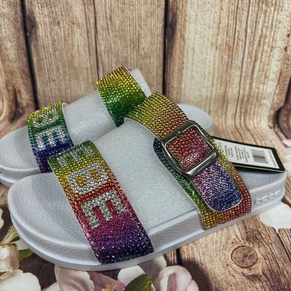 bebe girls White Rainbow Rhinestone Buckle Logo Slide - Girls - Picture 3 of 6